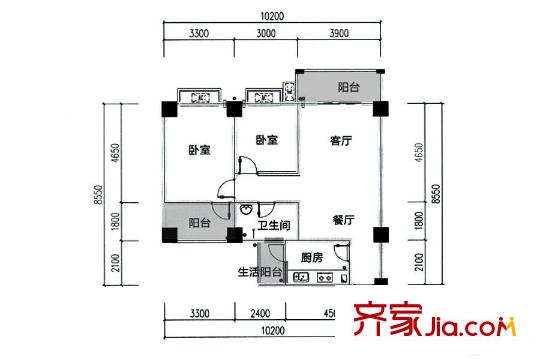 雅竹苑1期1批次2號樓B1戶型 2室2廳1衛(wèi)1廚