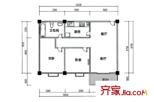 雅竹苑1期1批次1號樓A3戶型 2室2廳1衛(wèi)1廚