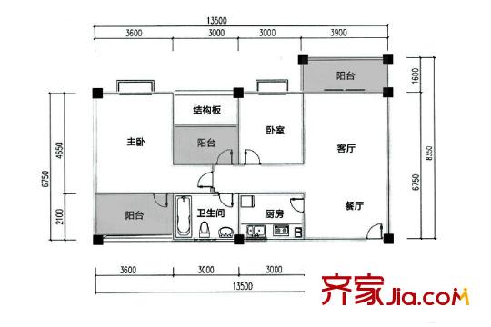 雅竹苑1期1批次1號樓A2戶型 3室2廳1衛(wèi)1廚