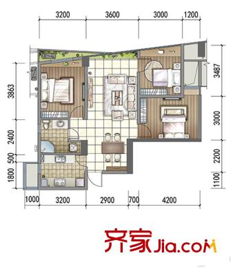 郫縣百倫廣場一期一批次1、2、3棟標(biāo)準(zhǔn)層A4戶型 3室2廳1衛(wèi)1廚