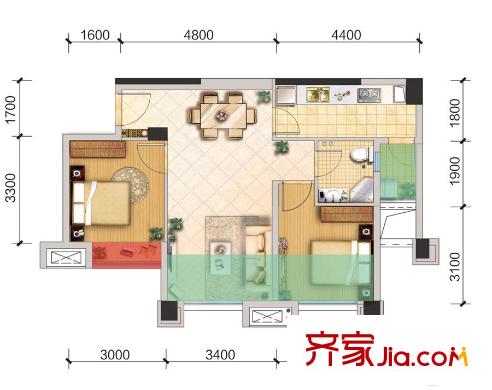 東原親親里1期標準層11號樓A3戶型 2室2廳1衛(wèi)1廚