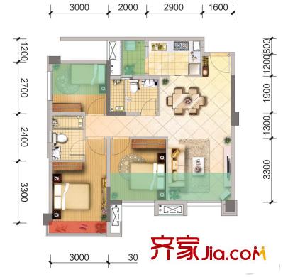 東原親親里1期11號樓標準層A4戶型 3室2廳2衛(wèi)1廚