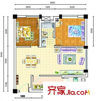東方華大廣場(chǎng)1期1、2、4、5號(hào)樓A1型標(biāo)準(zhǔn)層 2室2廳1衛(wèi)1廚