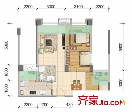 東原親親里1期5號樓標準層A2戶型 3室2廳1衛(wèi)1廚