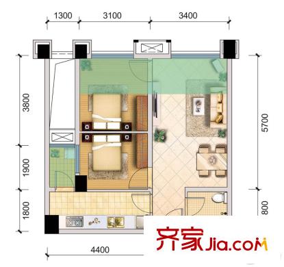 東原親親里1期5號樓標準層A5戶型 2室2廳1衛(wèi)1廚