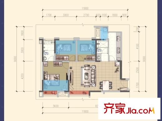 威蘭德小鎮(zhèn)一期1、7號樓標準層B2戶型 3室2廳2衛(wèi)1廚