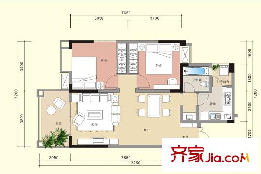 新雙城一期4、6號(hào)樓標(biāo)準(zhǔn)層B2-1戶型 2室2廳1衛(wèi)1廚
