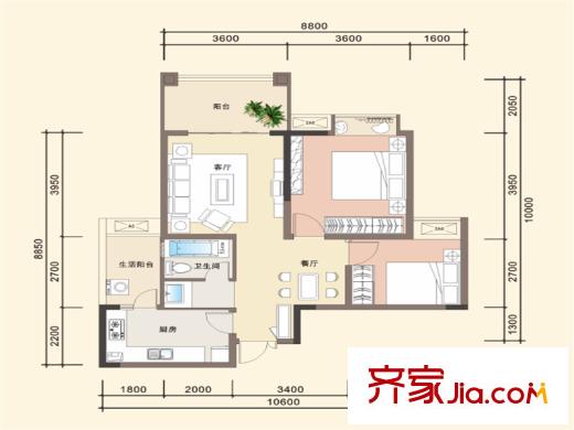 新雙城一期1、2、3、4、7、12棟標(biāo)準(zhǔn)層B2-2戶型 2室2廳1衛(wèi)