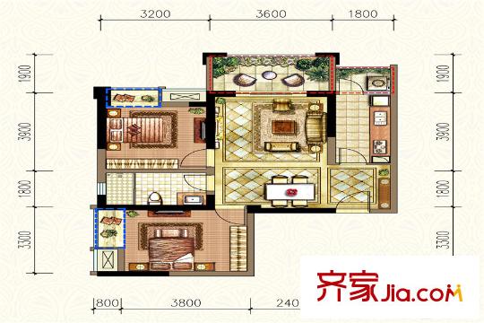 濱江國際2期4棟e-2戶型 2室2廳1衛(wèi)1廚