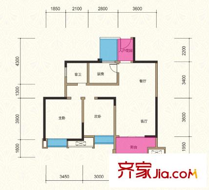 濱江國際1棟標(biāo)準(zhǔn)層A-2戶型 2室2廳1衛(wèi)1廚