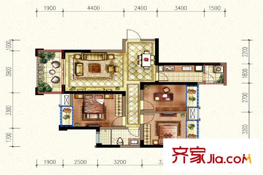 濱江國際2期4棟e-1戶型 3室2廳1衛(wèi)1廚