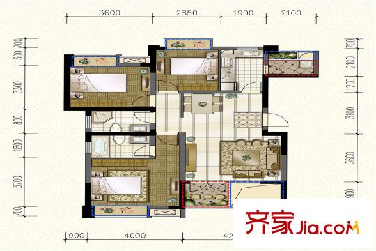 濱江國際2期4棟b-1a戶型 3室2廳2衛(wèi)1廚