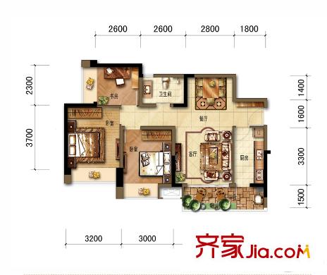 招商中央華城一期2/3號樓標(biāo)準(zhǔn)層B2戶型 3室2廳1衛(wèi)1廚