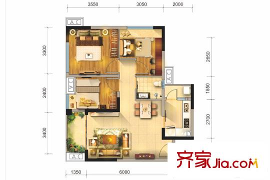 香瑞楠府一期1、6棟標(biāo)準(zhǔn)層E戶型 3室2廳1衛(wèi)1廚