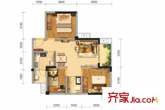 香瑞楠府一期1、6棟標(biāo)準(zhǔn)層D戶型 3室2廳2衛(wèi)1廚