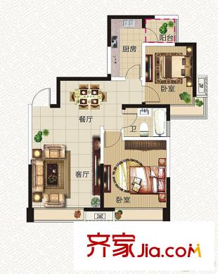 旺旺商業(yè)廣場一期2號樓1、2單元B3戶型 2室2廳1衛(wèi)1廚