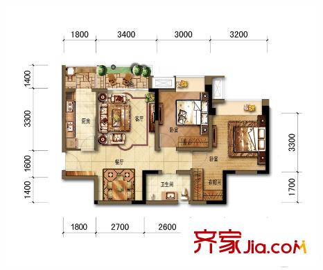 招商中央華城一期2/3號樓標(biāo)準(zhǔn)層B4戶型 2室2廳1衛(wèi)1廚