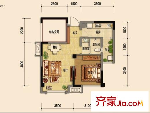 煒岸城1期101、102棟標準層A6戶型（售罄） 1室2廳1衛(wèi)1廚