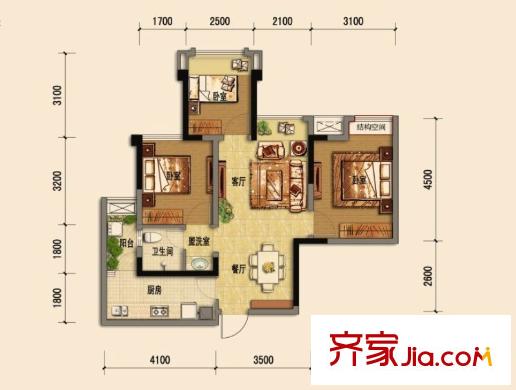 煒岸城1期101、102棟標準層A3戶型 3室2廳1衛(wèi)1廚