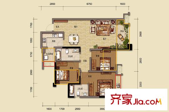 煒岸城三期89棟標準層A1戶型 3室2廳2衛(wèi)1廚