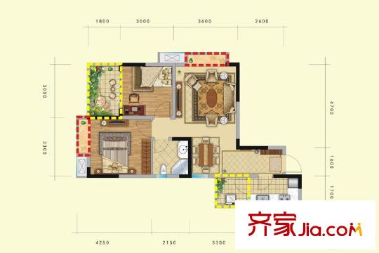 中鐵天宏康郡1期3棟標準層F戶型 2室2廳1衛(wèi)1廚