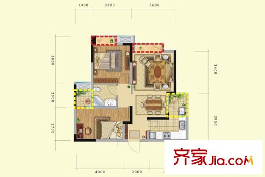 中鐵天宏康郡1期3棟標準層E戶型 2室2廳1衛(wèi)1廚