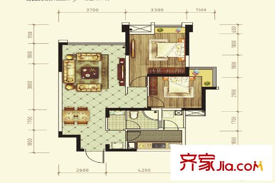 嘉祥瑞庭南城6棟標準層D1戶型圖 2室2廳1衛(wèi)1廚