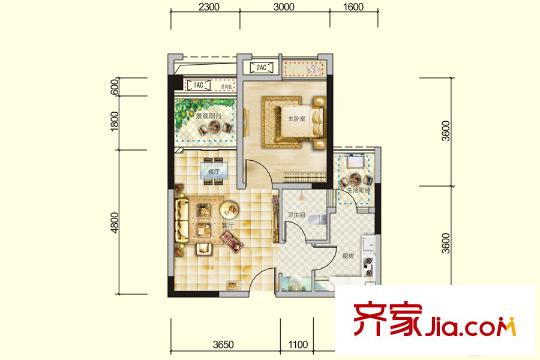 南城錦尚一期1號樓標(biāo)準(zhǔn)層1-3-A2戶型 1室2廳1衛(wèi)1廚