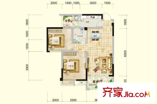 南城錦尚一期1號樓標(biāo)準(zhǔn)層1-3-A4戶型 2室2廳1衛(wèi)1廚