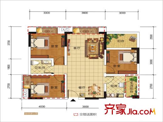 恒宇時代天街一期1、2號樓標(biāo)準(zhǔn)層A1戶型 2室2廳1衛(wèi)1廚