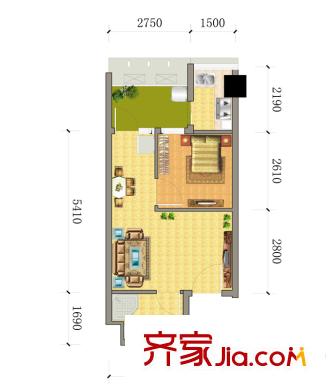 溫資金港中心一期3號樓標(biāo)準(zhǔn)層F戶型（售罄） 1室2廳1衛(wèi)1廚