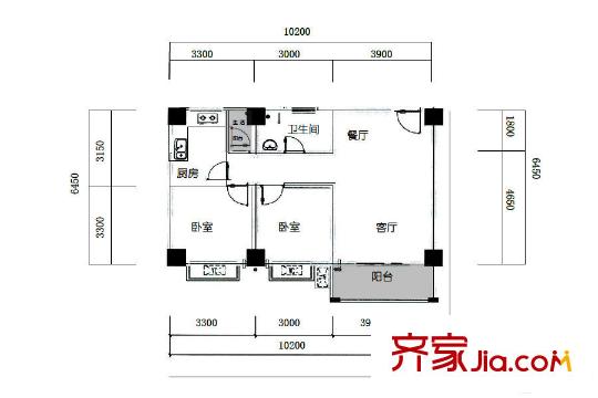 雅竹苑1期1批次2號樓B1戶型 2室2廳1衛(wèi)1廚