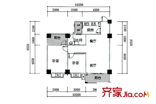 雅竹苑1期1批次2號樓B1戶型 2室2廳1衛(wèi)1廚