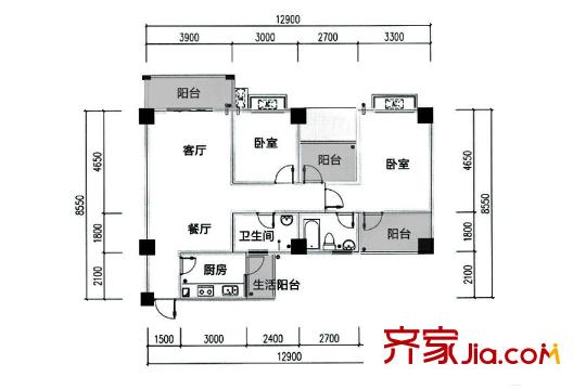雅竹苑1期1批次2號樓B2戶型 2室2廳1衛(wèi)1廚