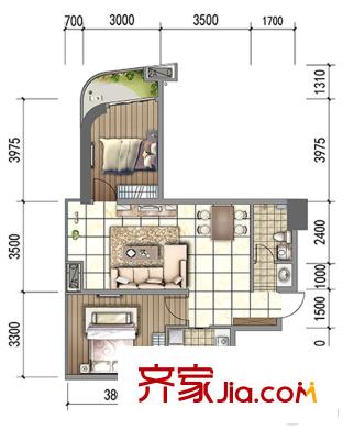 郫縣百倫廣場(chǎng)一期一批次1、2、3棟標(biāo)準(zhǔn)層A1戶型 2室2廳1衛(wèi)1廚