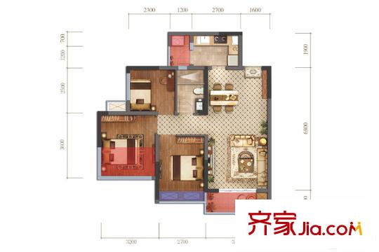 藍(lán)光圣菲悅城1期1批次2-11棟標(biāo)準(zhǔn)層B1戶型 3室2廳1衛(wèi)1廚