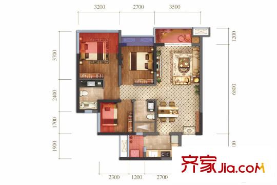 藍(lán)光圣菲悅城1期1批次2-11棟標(biāo)準(zhǔn)層B4戶型 3室2廳2衛(wèi)1廚