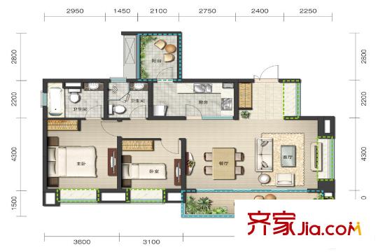 麓嶺匯3棟標(biāo)準(zhǔn)層B1-1戶型 2室2廳2衛(wèi)1廚