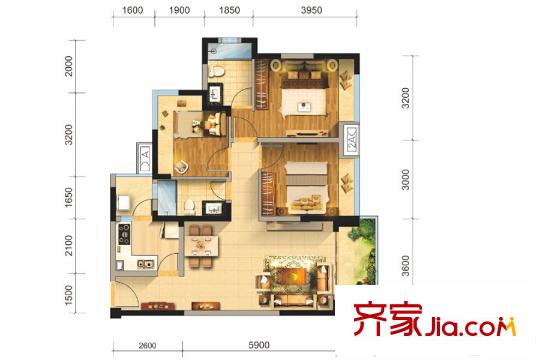 香瑞楠府一期1、6棟標(biāo)準(zhǔn)層C2戶型 3室2廳2衛(wèi)1廚