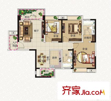 旺旺商業(yè)廣場(chǎng)一期2號(hào)樓1、2單元B2戶型 3室2廳2衛(wèi)1廚