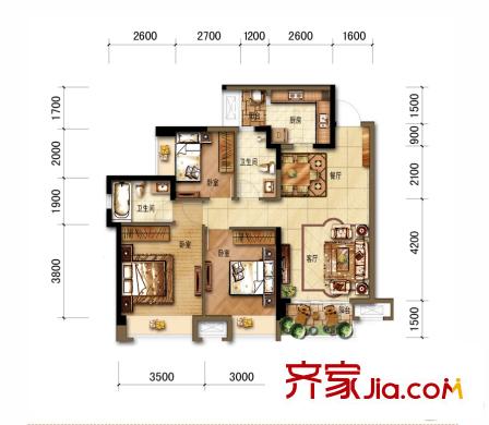 招商中央華城一期2/3號樓標(biāo)準(zhǔn)層B3戶型 3室2廳1衛(wèi)1廚