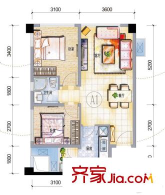 IMC國際廣場一期二單元AB座A1戶型 2室2廳1衛(wèi)1廚