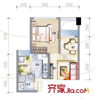 IMC國際廣場一期二單元AB座B5戶型（售罄） 1室2廳1衛(wèi)1廚