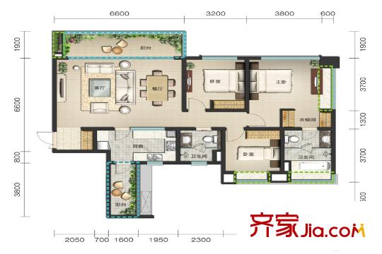 麓嶺匯3棟標(biāo)準(zhǔn)層C1-3戶型 3室2廳2衛(wèi)1廚