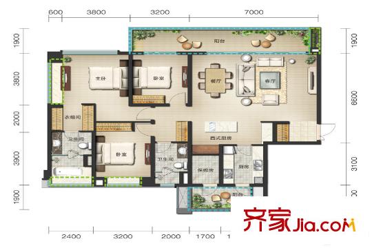 麓嶺匯3棟標(biāo)準(zhǔn)層C2-2戶型 3室2廳2衛(wèi)2廚