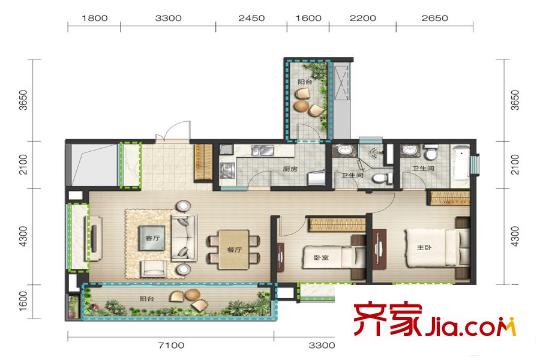 麓嶺匯3棟標(biāo)準(zhǔn)層B1-2戶型 2室2廳2衛(wèi)1廚
