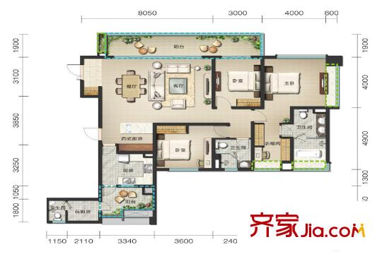 麓嶺匯3棟標準層C3戶型 3室2廳4衛(wèi)2廚