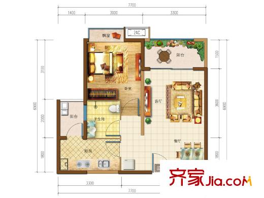 雄飛北尚廣場(chǎng)一期1號(hào)樓標(biāo)準(zhǔn)層1-1戶(hù)型 1室2廳1衛(wèi)1廚