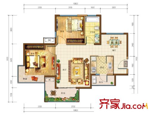 雄飛北尚廣場(chǎng)一期5號(hào)樓標(biāo)準(zhǔn)層5-1戶(hù)型 2室2廳1衛(wèi)1廚