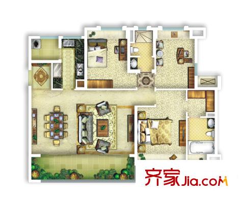 萬科五龍山翡翠洋房1期4號樓標準層電梯戶型圖（售罄） 3室2廳2衛(wèi)1廚